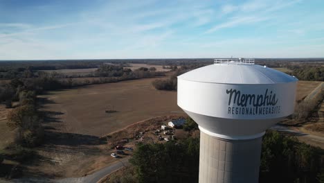 Aerial-flyby-of-water-tower-labelled-"Memphis-Regional-Megasite"