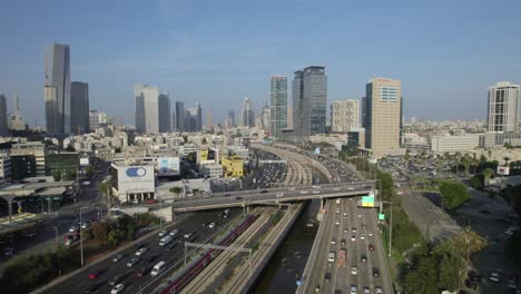 Ayalon-Highways-traffic-jam-during-the-afternoon-hours-while-Israel-train-is-passing---clear-skies-#001