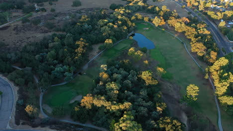 Aerial-drone-shot-of-San-Vicente-Golf-Course-in-Ramona-California-during-sunrise