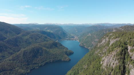 Aerial:-beautiful-Bandak-lake-in-Norway-summer,-Dalen-village-in-background