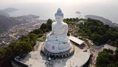 drone-rising-at-big-buddha-statue,-revealing-phuket,-aerial-view