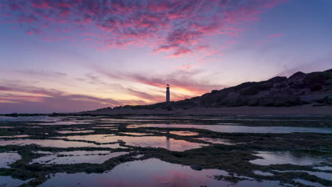 Beautiful-and-colorful-timelapse-of-sunset-in-Faro-de-Trafalgar-lighthouse,-Cadiz,-Spain
