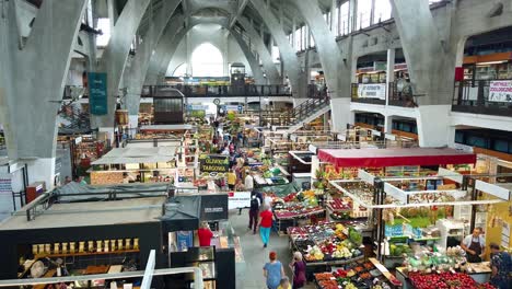Fruits-and-vegetable-for-sale-at-Wrocław-Market-Hall,-Aerial-shot