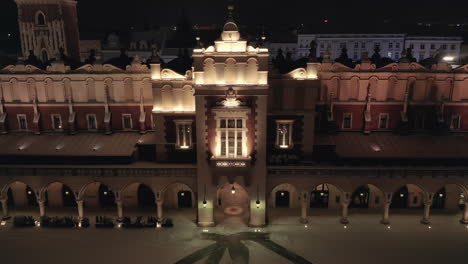 Winter-in-Krakow,-Poland---Aerial-view-of-Sukiennice---Cloth-Hall