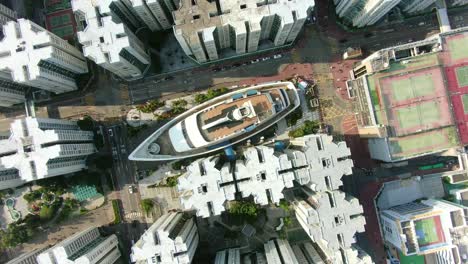 Aerial-view-of-Hong-Kong-Whampoa-buildings-and-unique-Cruise-Ship-shaped-shopping-mall