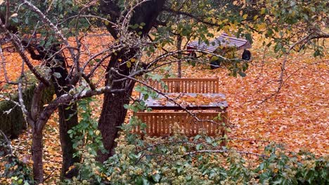 Ein-Tisch-Mit-Zwei-Holzbänken-Und-Ein-Liegestuhl-Stehen-Im-Hinterhof-Und-Der-Boden-Voller-Herbstlaub