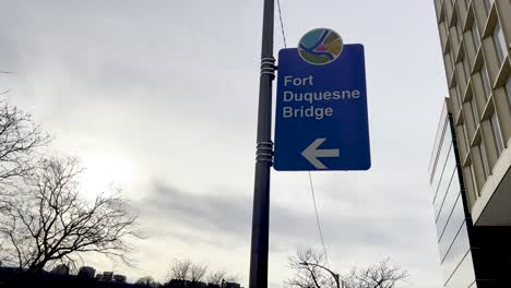 Fort-Duquesne-bridge-blue-color-signboard-or-street-sign-in-Pittsburgh