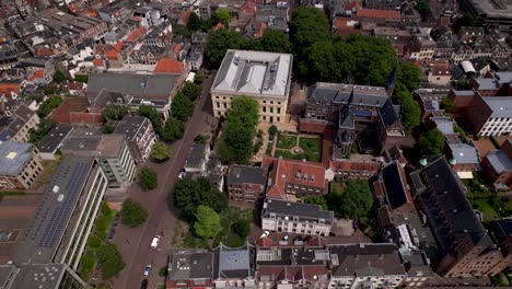 Top-down-steady-aerial-view-of-Dutch-historic-medieval-city-center-of-Utrecht