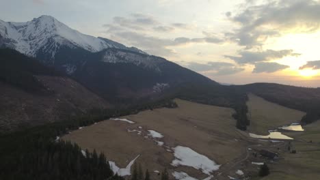 High-Tatras-Bird's-Eye-View,-Sunset-Over-the-Mountains,-Dolly-Out-Reveal