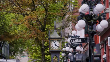 Berühmte-Gastown-Dampfuhr-Mit-Dampf,-Der-An-Einem-Bezaubernden-Herbsttag-Aus-Seinen-Rohren-Kommt,-Vancouver,-Britisch-Kolumbien,-Kanada