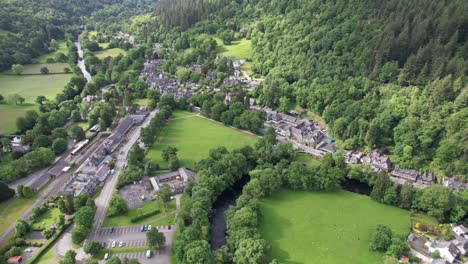 Betws-y-coed-north-Wales-UK-pull-back-reveal-drone-aerial-view