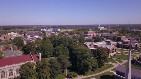 Old-buildings,-trees-and-streets-at-Hope-College,-MI,-forward-aerial