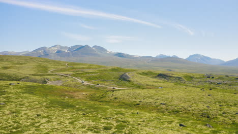 Bright-green-rocky-mountain-landscape-of-the-Rondane-National-Park-in-Norway--Wide