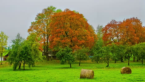 Static-shot-of-green-grass-field-with-hay-bales-in-timelapse-on-a-cloudy-day-in-autumn-season
