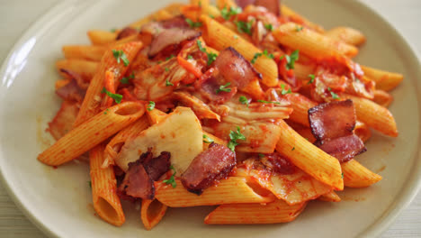 stir-fried-penne-pasta-with-kimchi-and-bacon---fusion-food