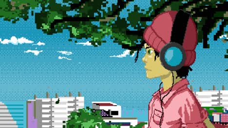 Animation-video-of-side-view-of-young-boy-with-headphone-looking-into-the-distance-and-enjoying-the-music