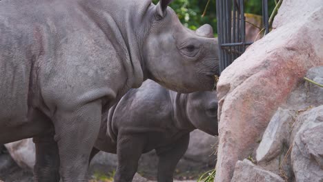 Madre-De-Rinoceronte-Negro-Y-Su-Cría-Alimentándose-De-Heno-En-La-Exhibición-Del-Zoológico