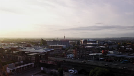 Sunrise-at-Warrington-town-centre,-overlooking-the-bus-Station-and-Warrington-Central-Train-Station