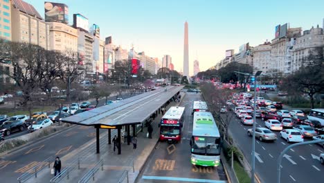 Aerial-view-over-bus-lanes-in-busy-9-de-Julio-Avenue-in-rush-hour,-Argentina