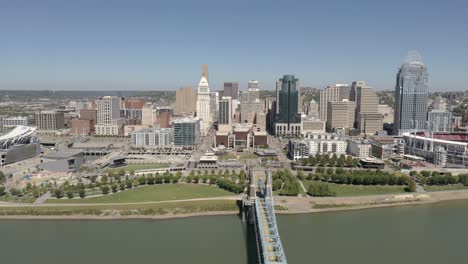 4K-Drone-Cincinnati-Ohio-Skyline-Pan-with-Historic-Bridge-Downtown-City-Cityscape-Midwest