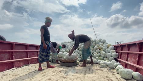 Shot-of-labourers-unloading-stacks-of-ash-gourd-from-boat-to-supermarket-on-a-sunny-day