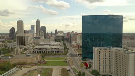 4K-Drone-Indianapolis-Indiana-Skyline-Pan-Across-Close-Downtown-City-Midwest-Cityscape