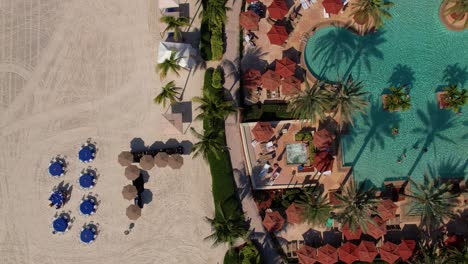 Tropical-Resort-Pool-Overhead-Drone-Shot-with-Beach