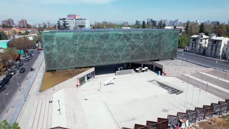 Modern-architectonic-museum-of-memory-and-human-rights-building,-Aerial-orbiting---Santiago