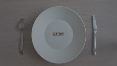 Close-up-of-empty-plate-with-bugs-written-and-a-lid-that-uncovers-it