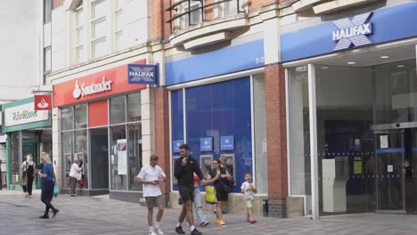 Santander-and-Halifax-High-street-banks-in-Chelmsford-with-shoppers,-static