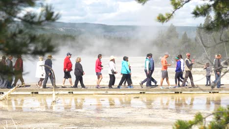 Tourists-walking-through-geysers-of-Yellowstone-National-Park-in-slow-motion