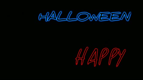 Animation-Motion-Graphics-Fröhlicher-Halloween-Neontext,-Der-Auf-Schwarzem-Hintergrund-Leuchtet
