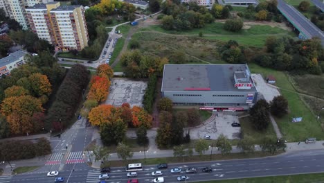 A-drone-video-of-market-or-store-building-in-Lublin,-Poland