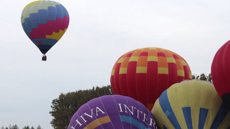 Colorful-hot-air-balloon-floats-upward-while-other-balloons-prepare-for-takeoff