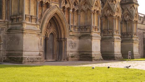 Wells-Cathedral-facade,-camera-moving-to-the-right-showing-the-outside-facade-of-the-cathedral-and-some-birds-in-the-green-grass