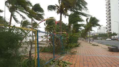 Stark-Wild-In-Tropischen-Bäumen-Während-Des-Sturms,-Wehende-Bäume-An-Der-Nassen-Küstenstraße-In-Der-Stadt-Da-Nang,-Vietnam