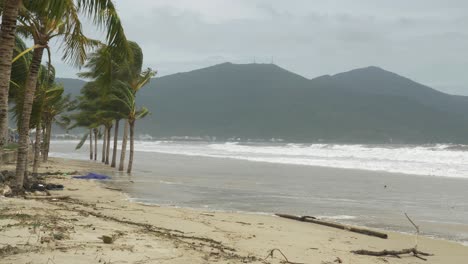 Strong-Wind-in-Trees-and-Rough-Waves-on-Beach,-Incoming-Tropical-Storm-on-Coast-of-Vietnam