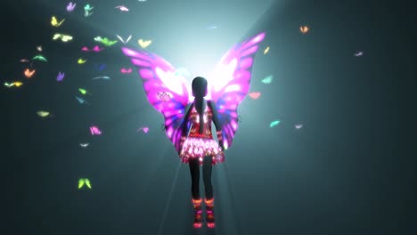 Fairy-with-colorful-wings-and-outfit-standing-in-front-of-volumetric-light-casting-light-rays,-and-colorful-butterflies-flying-all-around-3D-animation