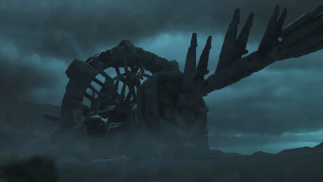 Cinematic-shot-of-a-stormy-ancient-alien-crash-site,-with-a-smooth-dolly-shot-of-a-vast-hulk-of-a-derelict-space-ship-with-wreckage,-through-an-electrical-silicate-storm---teal-color-scheme