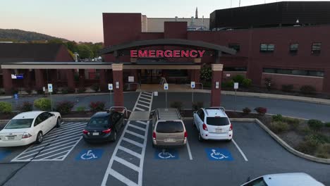 Aerial-zoom-out-of-emergency-room-in-brand-new-hospital-building