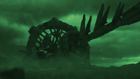 Cinematic-shot-of-a-stormy-ancient-alien-crash-site,-with-a-smooth-dolly-shot-of-a-vast-hulk-of-a-derelict-space-ship-with-wreckage,-through-an-electrical-silicate-storm---green-color-scheme