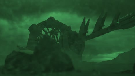 Cinematic-shot-of-a-stormy-ancient-alien-crash-site,-with-a-smooth-tracking-shot-of-a-vast-hulk-of-a-derelict-space-ship-in-the-distance,-through-an-electrical-silicate-storm---green-color-scheme