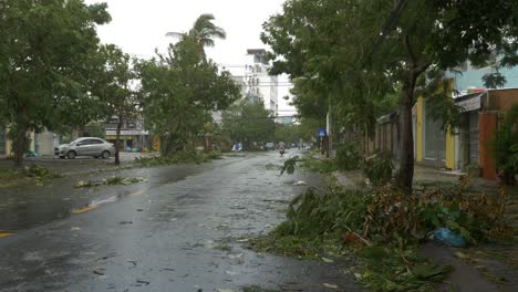 Wet-City-Streets-and-Broken-Tree-Branches-After-Tropical-Typhoon,-Motorbikes-Passing-By