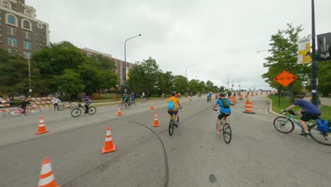 Chicago-cyclists-riding-northbound-on-DuSable-Lake-Shore-Drive-during-Bike-the-Drive-2022-leaving-festival-and-rest-stop-area-at-museum-of-science-and-industry