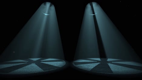 Large-fans-on-the-ceiling-cast-shadows-on-the-floor-of-a-dark-room,-with-volumetric-light-beams-passing-through-the-fans-inside-the-dark-room,-3D-animation