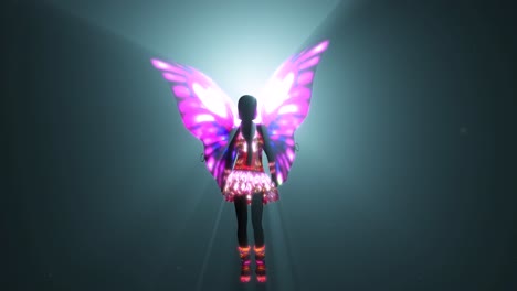 Fairy-with-colorful-wings-and-outfit-standing-in-front-of-volumetric-light-casting-light-rays-3D-animation