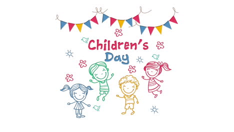 Dia-Del-Niño-|-Texto-Y-Niños-Encantadores-Bocetos-Coloreados-Y-Niños-Jugando-Animación-Sobre-Fondo-Blanco-|-Niños-Felices-|-Jp