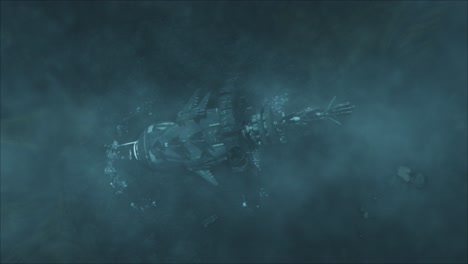 Cinematic-aerial-rotating-shot-of-a-stormy-ancient-alien-crash-site,-over-the-vast-hulk-of-a-derelict-space-ship-with-wreckage,-through-an-electrical-silicate-storm---teal-color-scheme