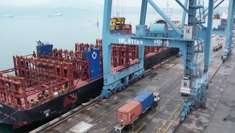 Luftaufnahme-Des-Kranladeboots-Mit-Container,-Der-Waren-Nach-Übersee-Exportiert-Und-Importiert