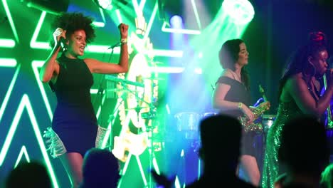 Two-African-American-lead-singers-having-the-time-of-their-life-performing-live-concert-on-London-disco-stage-of-the-female-band-High-on-Heels